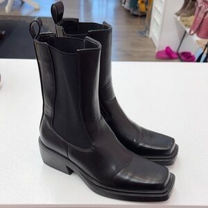 Vivianly Black Square Toe Leather Boots